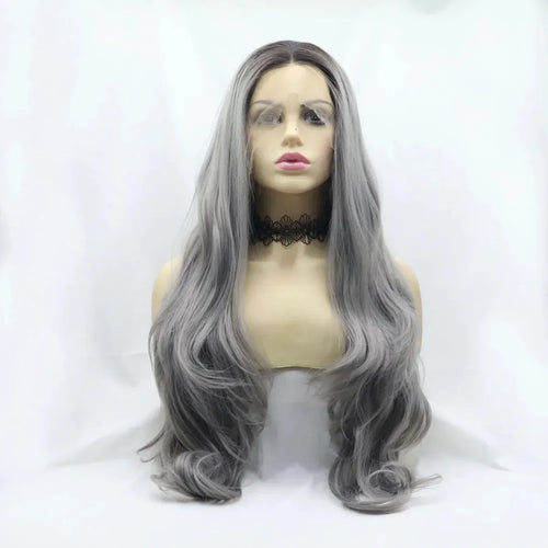 24" Lace Front Synthetic Wig in Gray, Long Wavy