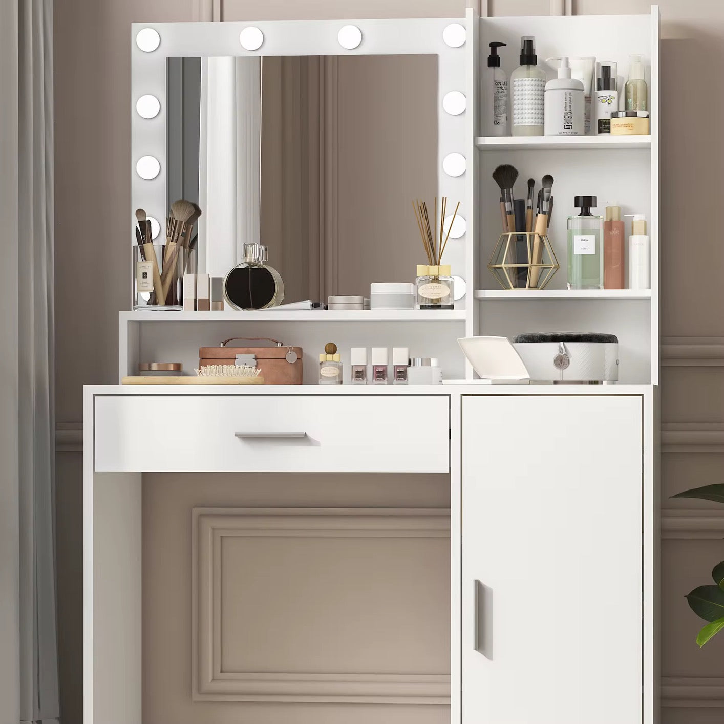 Vanity Desk With Mirror And Lights, 46.4In Dressing Table With 2 Large Drawer & Large Vertical Organizer, 3 Level Dresser & 3 Lighting Modes Adjustable Brightness, Suitable For Bedroom