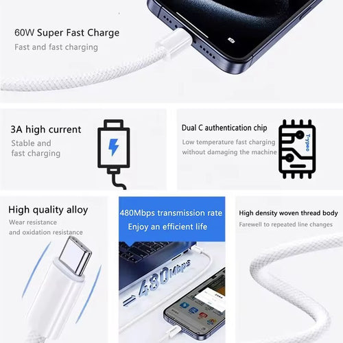 60W Type C to C Fast charging Data power cable 3ft